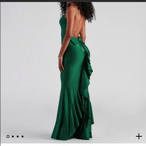 Emerald green low open back ruffle bow gown dress